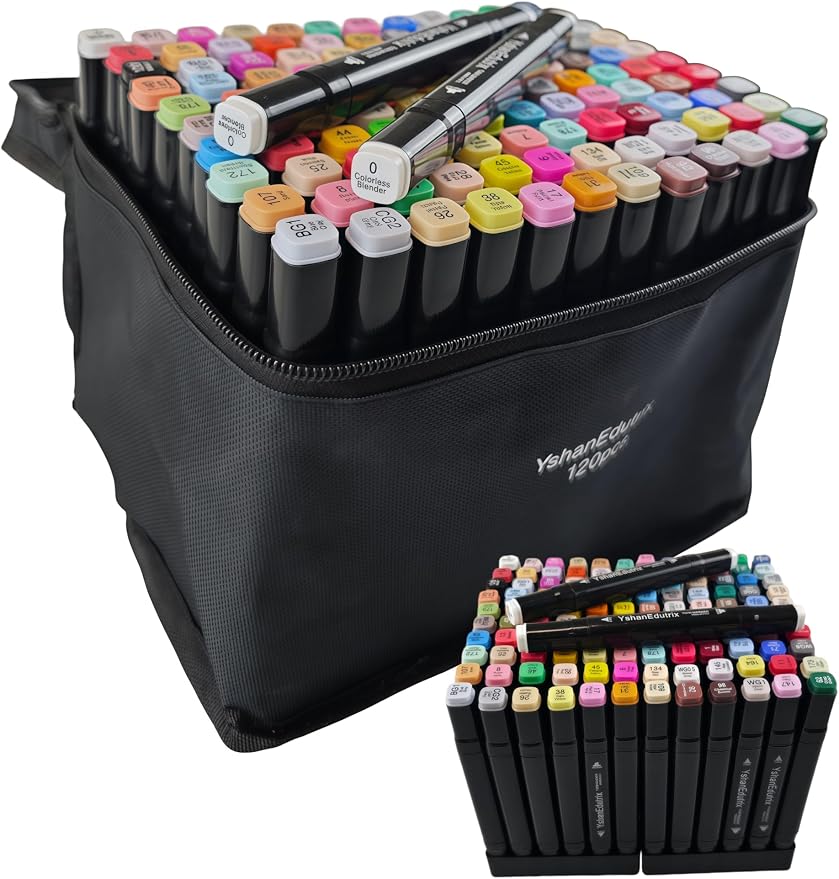 122-Piece Alcohol Markers, 120 marker set with 2 Bonus Blenders, Dual Tip Art Markers for Adults, Vibrant Marker Pens with Pen Holder & Case for Drawing, Sketching, Christmas Gift