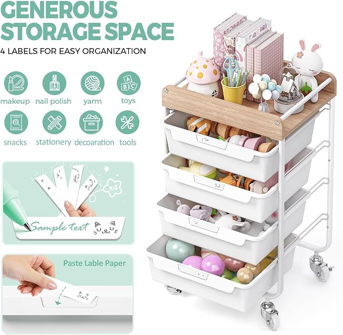 SYKIARIOL Rolling Craft Storage Cart with 4 Drawers,Kids Art Cart,White | Utility Cart with Drawers,Art Craft Organizers and Storage,Kids Craft Cart With DIY Lable and Wooden Tabletop Area