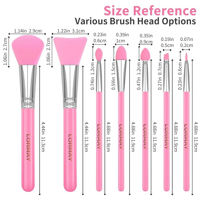 LORMAY 7-Piece Silicone Brush Set for UV Resin Crafts and Makeup, Pink | Easy Clean for DIY Epoxy Art and Makeup, Soft Reusable Tools, Gentle Applicator Suitable for All Skin Types