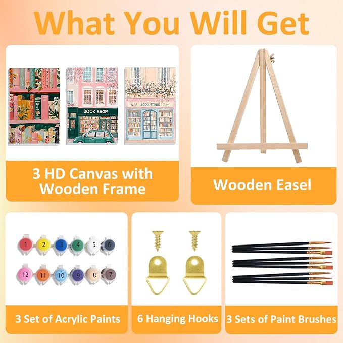 Mandun Book Shop Paint by Numbers Kit for Adults, 3 Pack, 7.8x11.8 inch | DIY Painting Kits Crafts for Adults, Relieve Stress, Frame Canvas, Wooden Easel, Gift Box, Home Wall Decor