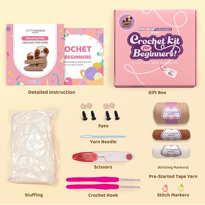 Mewaii Crochet Kit for Beginners, 2 Pack Sloth Craft Set | 40% Extra Yarn, Video Tutorial, Pre-Started Piece, Beginner Friendly, Family Craft Gift for Adults & Kids