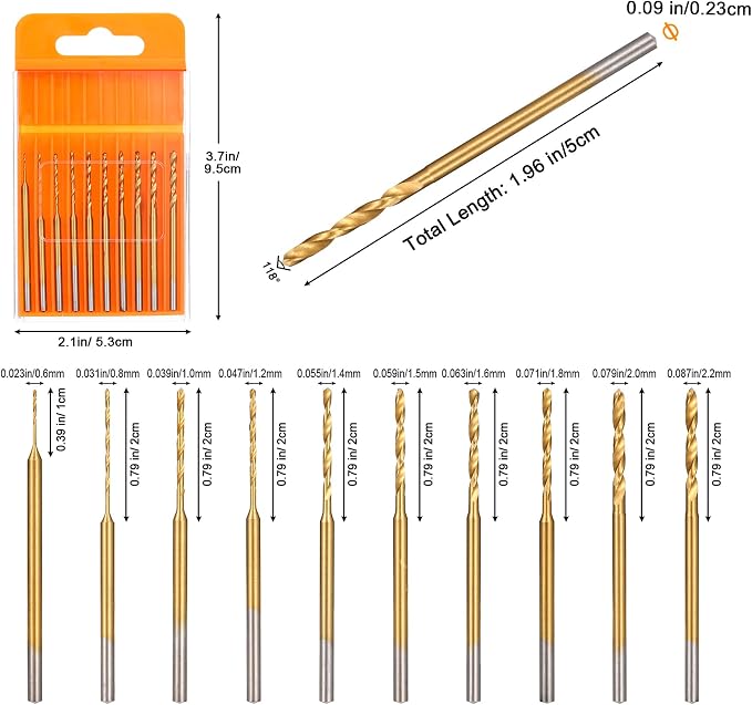 Uolor Mini Twist Drill Bit Set, 10Pcs Micro Engraving Drill Bits, 0.6mm-2.2mm, HSS 2.35mm Shank Titanium Coated Tiny Drill Bit Hole Drilling Tool for DIY Resin, Jewelry, Amber, Circuit Board, Walnut