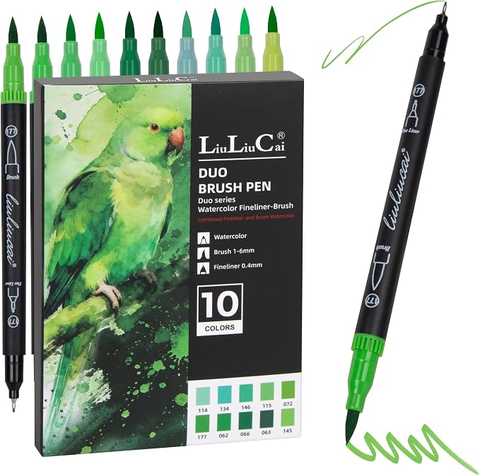 LIULIUCAI 10 Green Dual Markers, Fine & Brush Tip Pen for Adult Coloring