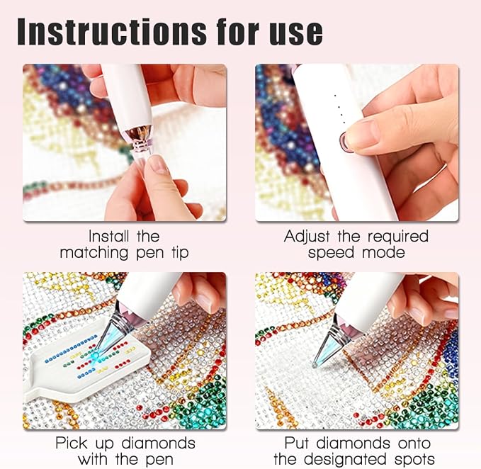 Electric Diamond Painting Pen, Cordless Vacuum Diamond Art Pen Low-Noise, Wax-Free, 3-Speed Adjustable, Rechargeable, Lightweight, Long-Lasting Electric Pen for Diamond Painting Accessories and Tools