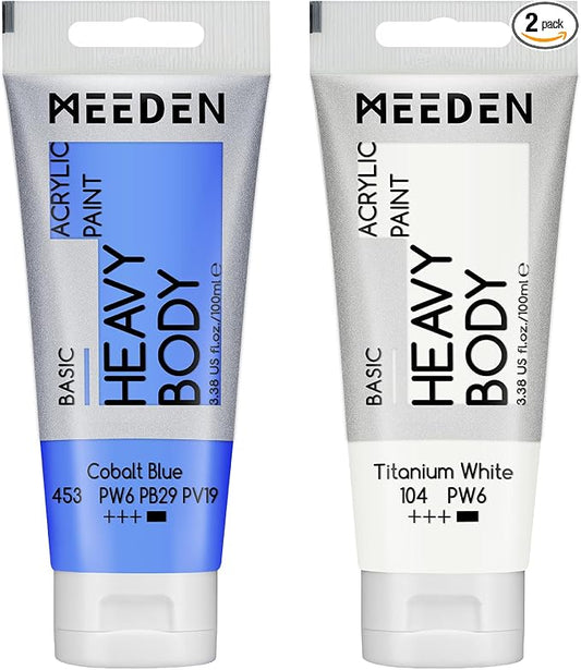 MEEDEN Acrylic Paint Cobalt Blue: 100ml/3.38oz x 2 with Titanium White | Heavy Body Artist Acrylic Paint Set for Canvas, Wood & Craft, Non-toxic Creamy Art Paint with Titanium White for Mixing