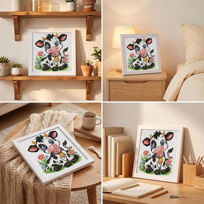 WUSARPLY Cow Stamped Cross Stitch Kits for Beginners Adults with Framed | Flowers and Grasses Needlepoint Counted Cross Stitch Kits for Beginners Adults Embroidery Kits Arts and Crafts 6 x 6 inch