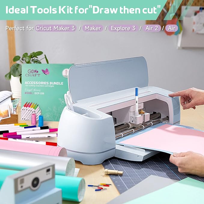 GO2CRAFT Accessories Bundle for Cricut Makers and All Explore Air | 21Pcs Perfect Draw Then Cut Tools, Deep Cut Housing, Replacement Cutting Blades, 12 Colors Dual Tip Pens, Pens Adapters