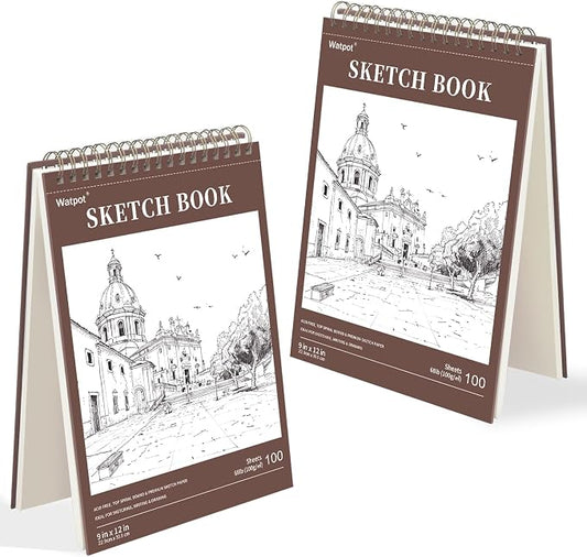9" x 12" Hard Cover Sketch Book, Top Spiral Bound Sketch Pad, 100 Sheets 68lb/100gsm Drawing Paper, 2 Pack