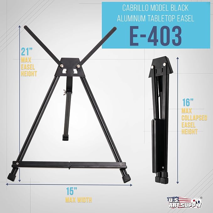 U.S. Art Supply Tabletop Easel for Painting - 15" to 21", Black | Black, Aluminum Tripod, Portable Art Easel Stand for Sign Display, Painting Canvas, and Whiteboard