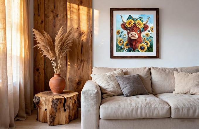 Gikboup Highland Cow Diamond Art Kit for Adults, Sunflower Floral Bow 13.7"