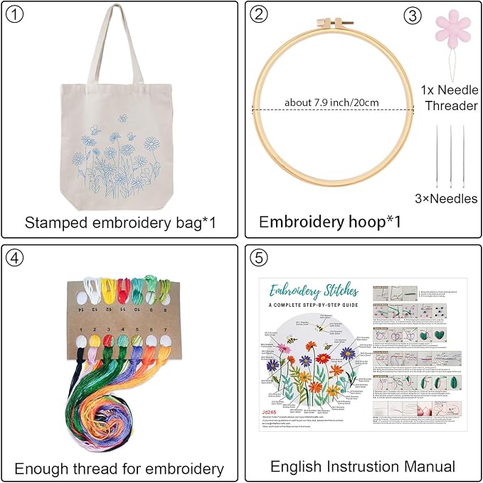 Louise Maelys Bee and Flowers Embroidery Kit for Beginners Canvas Tote Bag