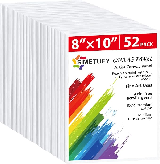 Simetufy Canvas Boards for Painting 52 Pack 8 x 10 Inch Blank Flat Canvas Panels 100% Cotton Pre-Primed for Acrylic & Oil Paint, Art Supplies for Kids & Adults | Blank 100% Cotton Pre-Primed for Acrylic & Oil, Art Supplies for Kids & Adults