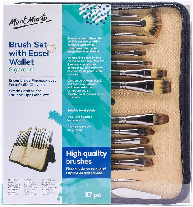 Mont Marte Signature Brush Set with Wallet, 17 Piece, Suitable for Oil, Acrylic, Watercolor and Gouache Paint, Easel Wallet Included
