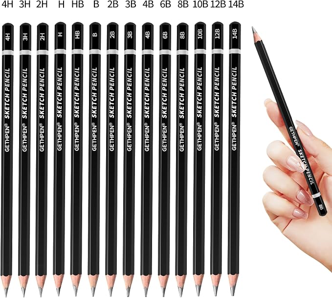 GETHPEN Drawing Sketching Pencil Set, 14 Pieces Graphite Pencils(14B - 4H) | 14Pcs Graphite Drawing Pencil Set, 14B to 4H Hardness, Sketch Shading Supplies for Beginners and Professional Artists