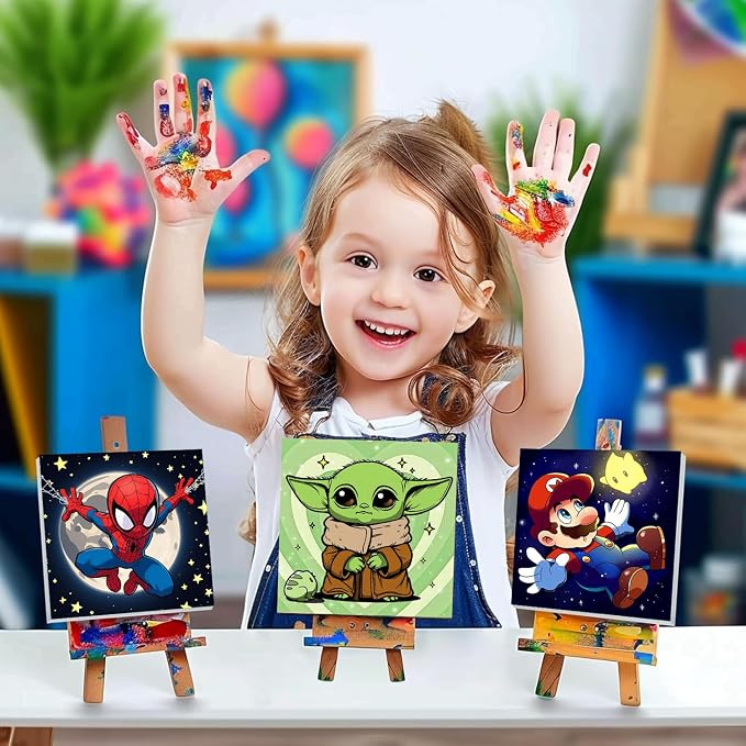 3 Pack Cartoon Paint by Numbers Kit for Kids with Frame Wooden Easel | Cute Kids Paint by Numbers Ages 4 8 12, DIY Acrylic Oil Painting for Home Wall Decor (8x8 inch)