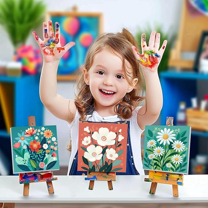 cviokrdu 4 Pack Paint by Numbers Kit for Kids with Frame - Wooden Easel, Flowers Paint by Numbers for Kids Ages 4 8 12, Easy Flower Acrylic Oil Painting Kits for Home Wall Decoration 8x8 inch
