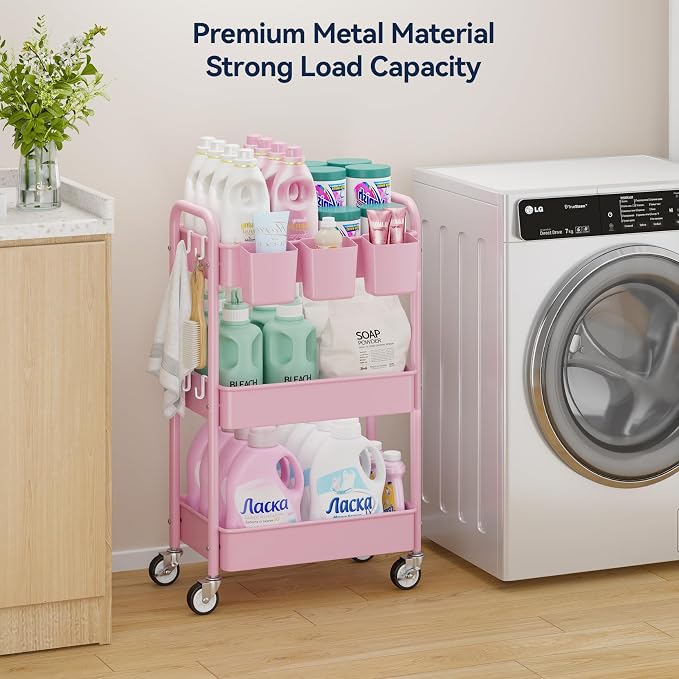 YASONIC 3 Tier Rolling Cart, Heavy Duty Metal Utility Cart with Wheel Pink