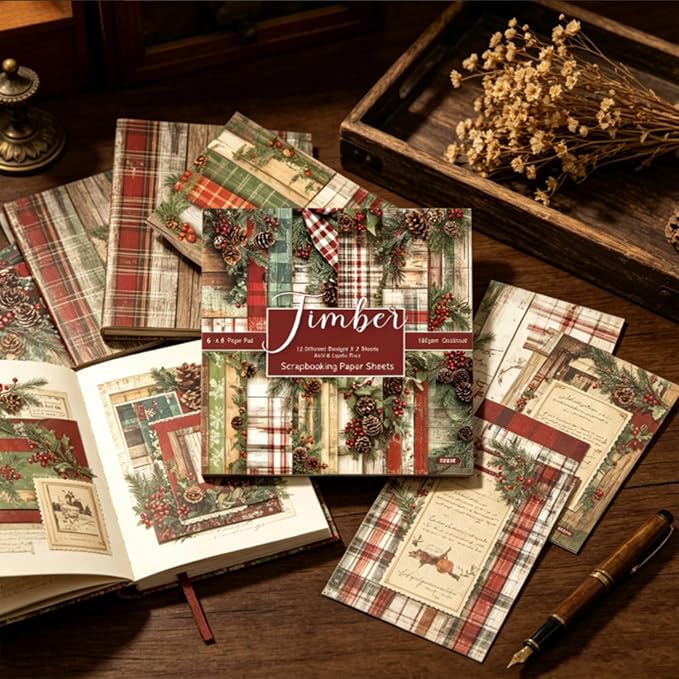 Vintage Christmas Scrapbooking Paper Pad, 24 Sheets 6-in Pinecone Aesthetic Patterned Decorative Material for DIY Art Crafts Collage Xmas Journals Decoupage Folded Gift Cards Photo Album
