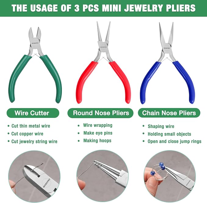 WORKPRO Jewelry Pliers Set, 3 Pack Jewelry Making Tool Kit | Needle Nose Plier/Chain Nose Plier, Round Nose Plier and Wire Cutter for Charm Bracelet, Jewelry Repair, DIY Crafts