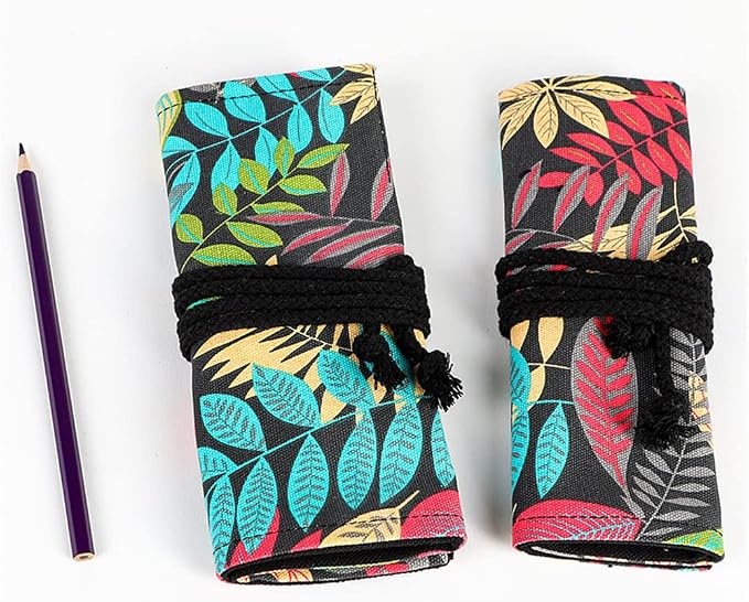 DIYOMR 24/36/72 Slots Pencil Wrap Pencil Rolls, Artist Colored Pencils Roll Up Bag Short Brushes Pouch Case Pencils Organizer for Drawing Coloring and Sketching,No Pencils (Colorful Leaves, 36slots)