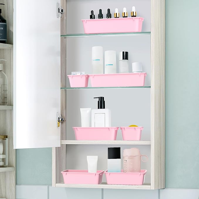 25 PCS Plastic Drawer Organizer Set, Makeup Organizers and Storage Bins | 4 Sizes Desk Drawer Divider Organizers and Storage Bins for Jewelry, Gadgets for Kitchen, Bedroom, Bathroom, Office, Pink