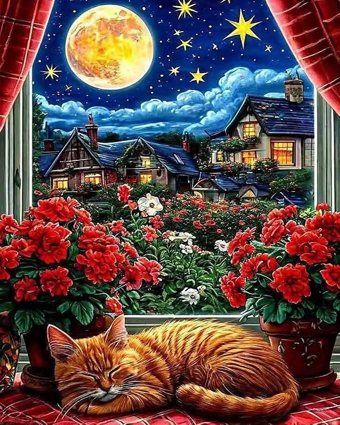 ZRIZQ Paint by Numbers Kit for Adults Beginner,Moon Cat,16x20 | Full set with wooden brushes,rolled canvas,rich paints.Calming activity.Beginner friendly.Just open and paint.