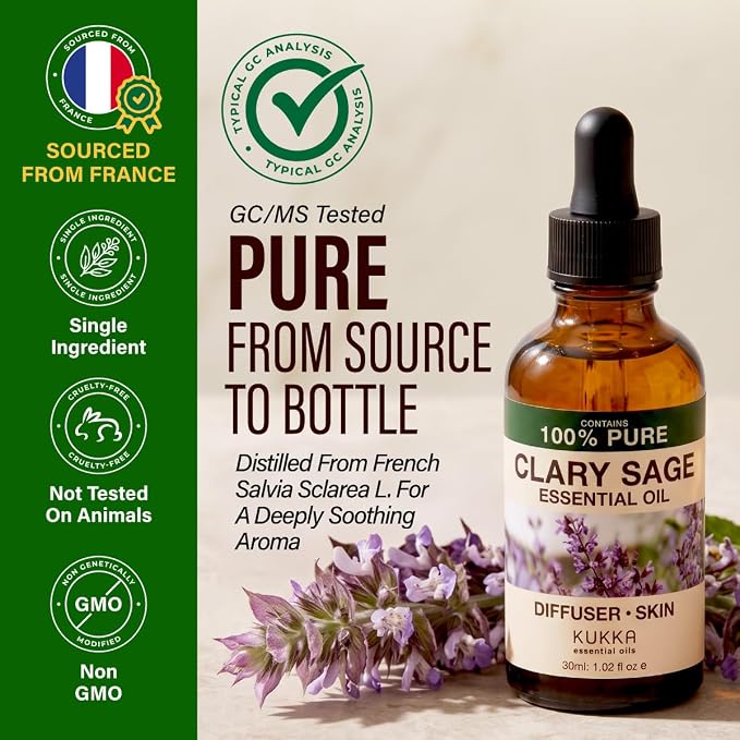 Kukka 100% Pure Clary Sage Essential Oil for Skin, Diffuser, 1.02 Fl Oz | Clary Sage Oil for Hair, Massages, Body Care & Wellness, Soothing Aroma for Scalp Care & Relaxation