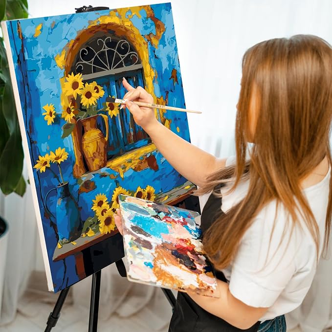 Paint by Numbers Kit for Adults, Window Sunflower Painting, 16 x 20 Inch | DIY Adult Paint by Number Kit on Canvas for Beginners, without Frame, Rustic Wall Decor, Stress Relief Craft Gift
