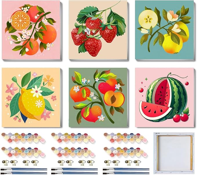 SYDYLH 6 Pack Framed Paint by Numbers Kit for Kids,Easy Acrylic Paint by Numbers Kits on Canvas,Fruit Oil Painting Paint by Number for Adults Beginners for Home Wall Decor (8x8inch)