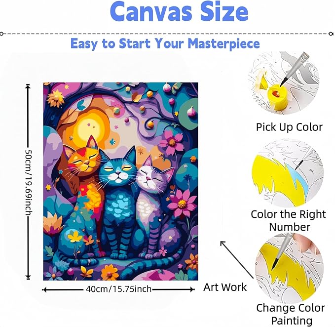 Paint by Numbers Kit for Adults, Colorful Cat Paint by Number for Adults | Acrylic Adults' Paint-by-Number Kits, DIY Easy Paint by Number Adult Canvas for Home Wall Art Decor, 16X20 inch