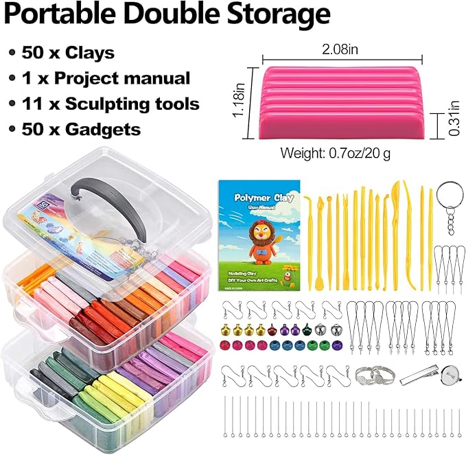 CiaraQ 50-Color Polymer Clay Oven Bake Modeling Kit | 14 sculpting tools, 2‑layer box, accessory pack, guide. Great for gifting, school, home, kids & artists.