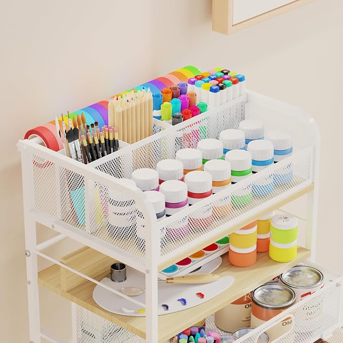 Homsorout Art cart, 5 Tier Rolling Cart - Utility Cart with Storage Drawer and Wheels, Versatile Art & Craft Organizer for Home, Office, or Studio Ideal for Storing Brushes, Paints （Maple）