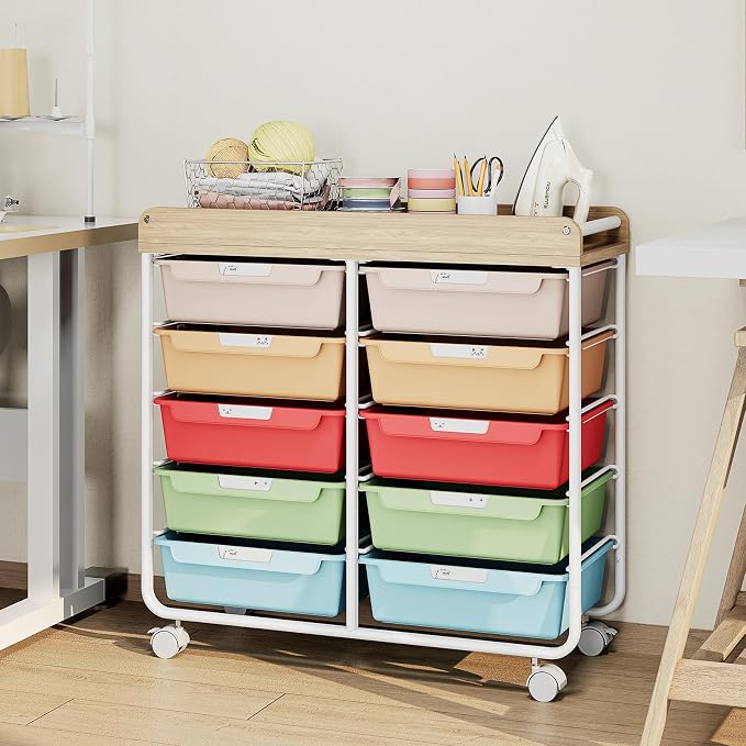 10 Drawer Rolling Storage Cart with Wood Top for Classroom Crafts Colorful | Easy Setup, Large Capacity, Sturdy Build, Lockable Mobility, For office, classroom and home supplies