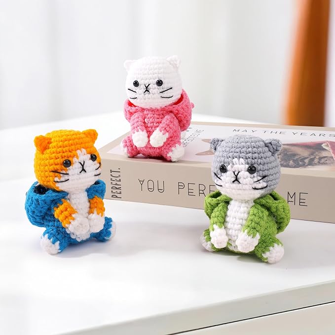 Fortuning's JDS Crochet Kit for Beginners, 3 PCS Crochet Animal Kits | w/ Step-by-Step Video Tutorials, Beginner Crochet Kit for Adults, Cat Dressed as Shark Frog Strawberry