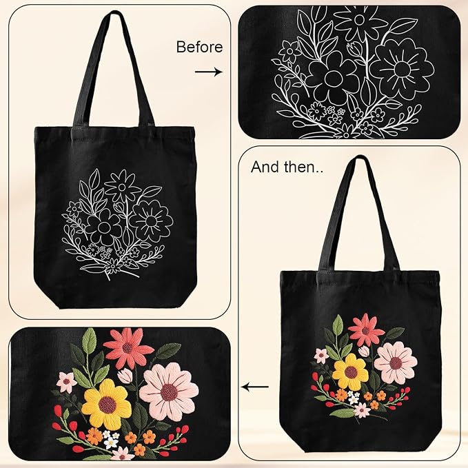 Louise Maelys Halloween Embroidery Kit Canvas Tote Bag with Flower Pattern