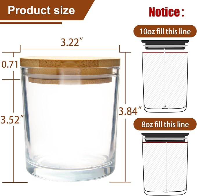 CONNOO 12Pack 10 OZ Clear Glass Candle Jars with Bamboo Lids | For Making Candles, Large Size Empty Candle Tins with Wooden Lids, Bulk Clean Candle Containers, Dishwasher Safe