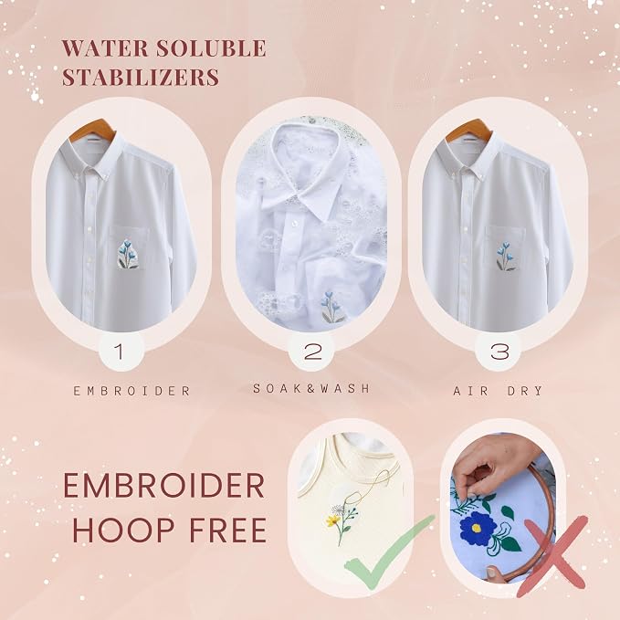 Easy Clothing Embroidery Kit - 34 Water Soluble Stick & Stitch Designs - Embroidery Kit for Clothes Starter Pack, Beginners All Inclusive Kit for Clothing Embroidery
