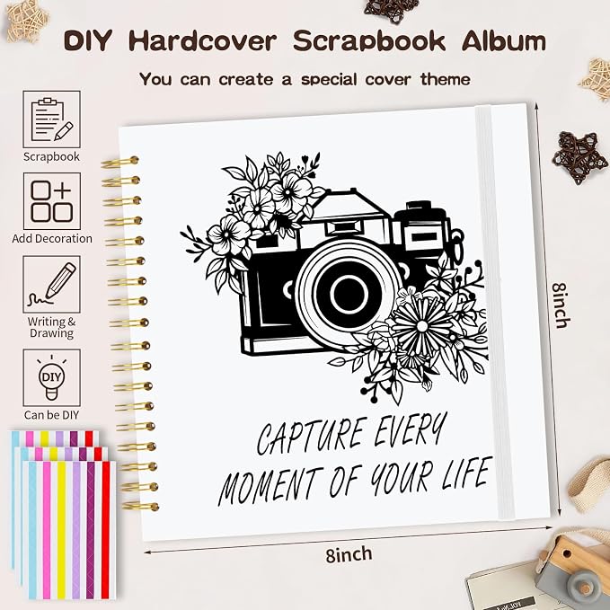 Scrapbook Album 8x8 inch, Travelling Journal Scrap Book Family Scrapbook Scrapbooking Supplies Kits Gift for Couples Anniversary Wedding (white, 8 x 8 inch)