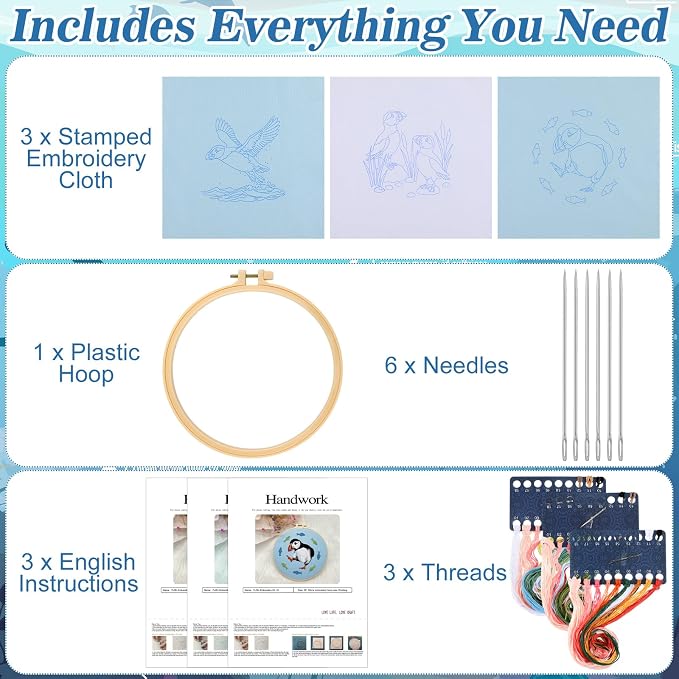Mindsoft 3 Set Needlepoint Kit for Beginners with Hoop,Sea Bird | Bamboo Hoop Thread Needles Instructions, Easy Hand Embroidery for Beginners Home Crafts,Pre-stamped Funny Cute Designs