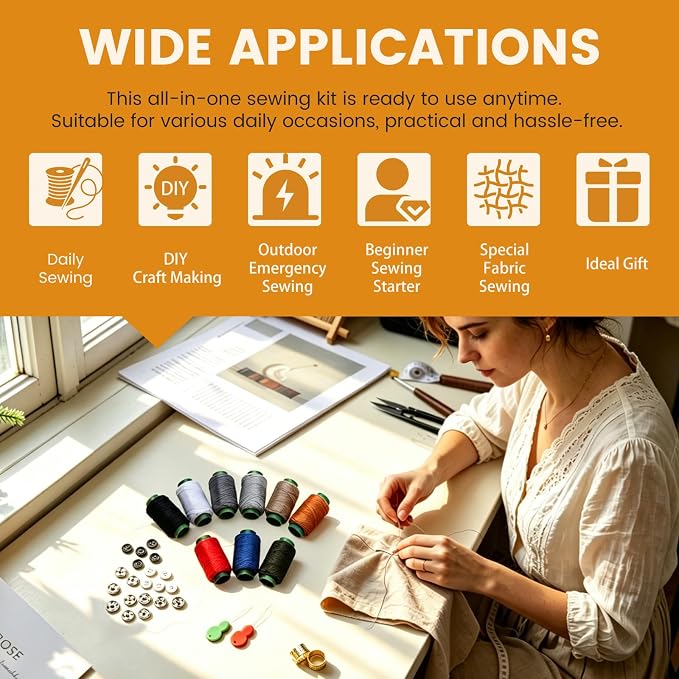 TLKKUE Sewing Kit, Travel Sewing Kit with Upholstery Threads and Needles | Hand Sewing Needles Curved Needle Seam Ripper, Needle and Thread Kit for Sewing Repair Clothing DIY (9 Colors Thread)