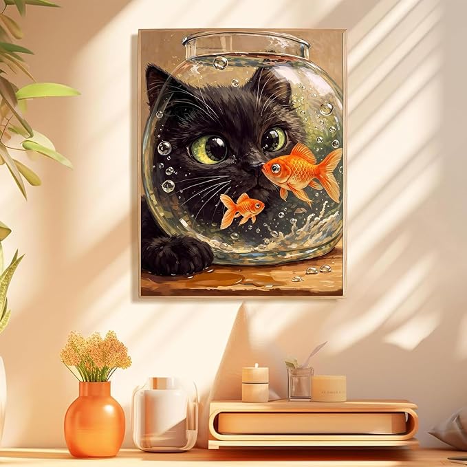 Cat Goldfish Paint by Numbers Kit for Adults Framed Canvas, Frameworkless | Easy Adult Paint by Number Kits on Canvas DIY Cat Goldfish Painting for Beginners Art by Numbers for Home Wall Decor 12X16 in