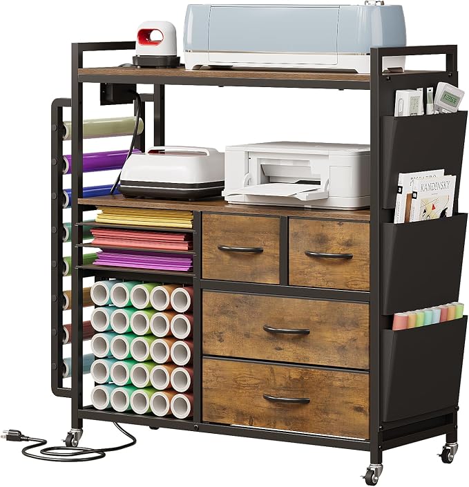 VENNQD Large Craft Organizer and Storage Rolling Cart Compatible with Cricut Machine with Fabric Drawers Vinyl Roll Holder Accessories for Home Craft Workstation Room (Rustic Brown)