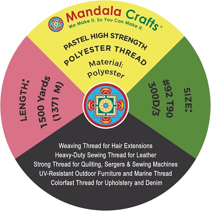 Mandala Crafts Pastel Tex 90 Polyester Heavy Duty Thread for Upholstery | 1500x4 Yds T90 UV Resistant Strong Thread for Leather Sewing, Marine, Drapery, Jeans, Hair Weaving & Extension, Outdoor