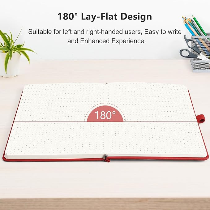 RETTACY Dotted Journal Notebook, 192 Pages, A5 Medium Size (5.7'' x 8.3'') | Leather Hardcover, 100 GSM Thick Paper, for Journaling, Planning, Tracking (Red)