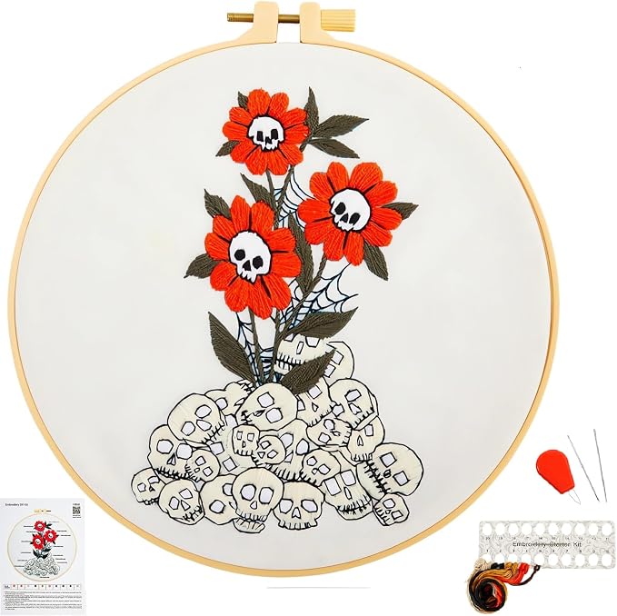Crafmanoe Halloween Embroidery Starter Kit for Beginners Adults, Skull Flowers Stamped Cross Stitch Kits for Beginners Adults, Gothic Hand Embroidery Needlepoint Kits, Hoops, Fabric and Video Tutorial