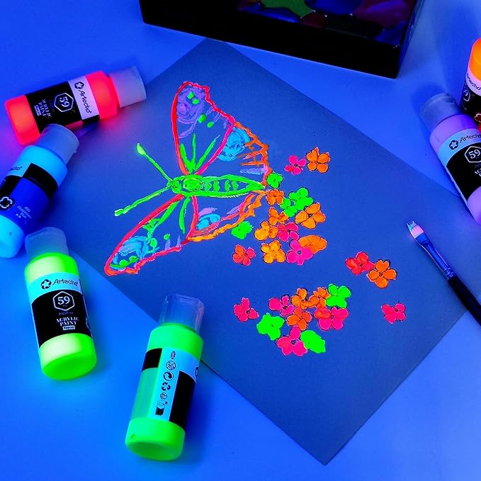 Artecho 6 Neon Colors Acrylic Paint 59ml / 2oz Bottle | Semi Glossy Finish, High Pigment Rich Color Craft Paint for Canvas,Fabric, Non-Toxic