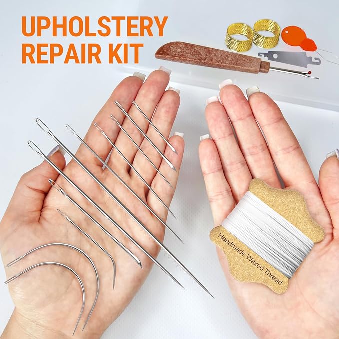 VONEEDL Upholstery Repair Kit: Waxed Sewing Thread (White Color) & Heavy Duty Needles (11 PCS) for Leather, Canvas & Quilting Thread