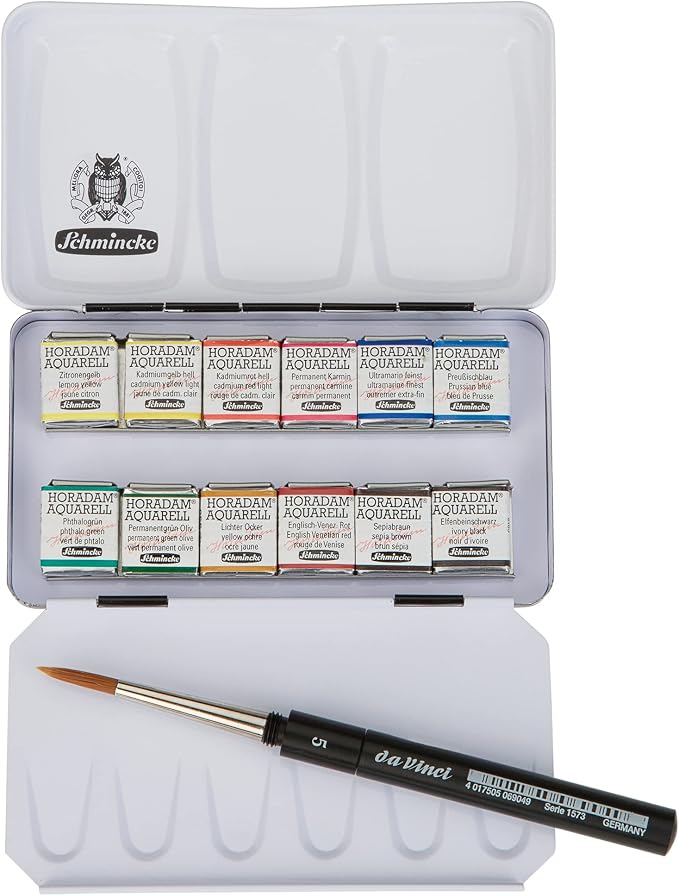 Schmincke - HORADAM AQUARELL Compact Color Box with 12 Finest Watercolor Colors, 1 Davinci Brush, 74 012 097, Metal Box, Painting Set, Finest Watercolor Colors, 12 x 1/2 Pans