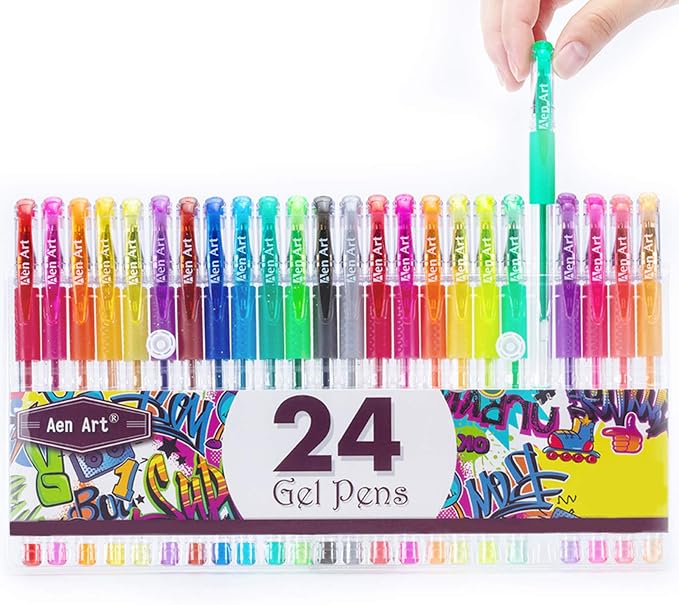 Aen Art Glitter Gel Pens, 24 Colored Fine Tip Markers with 40% More Ink