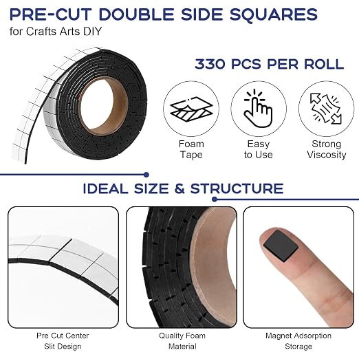 330 PCS Double Sided Foam Tape Pre Cut 1/2 X 2/5 Inch Small Adhesive Foam Squares for Crafts Thin Foam Craft Tape Split for Arts Crafts Sewing Scrapbook DIY Christmas (Tape, Black)